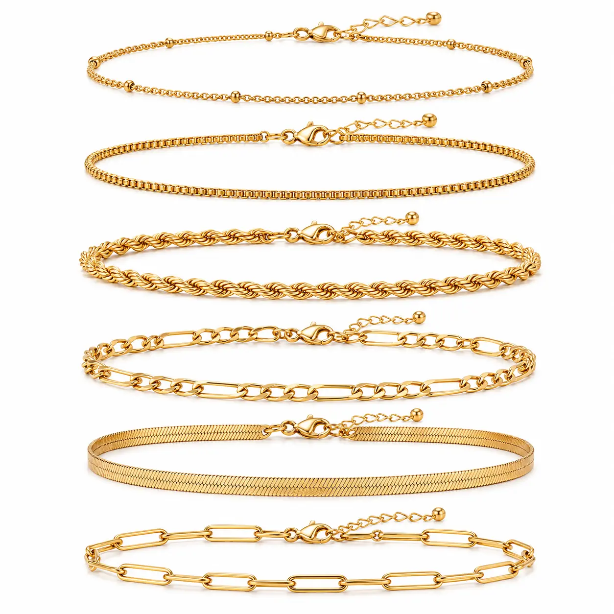 6PCS 14K Gold Plated Copper Bracelets for Women, Waterproof Stackable Bracelet Set, Cuban Link, Paperclip & Mixed Chain Bracelets, Trendy Jewelry Gift for Her