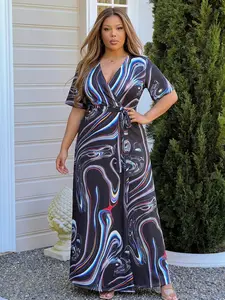 Plus Size Abstract Marble Swirl Print Maxi Dress, Deep V Neck, Short Sleeve, Tie Waist, Side Slit, Elegant Party Dress, Casual Style