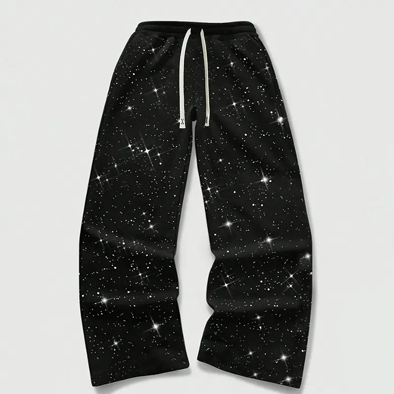 Y2K Wide Leg Sweatpants  Men's  Starry Rhinestone，Elastic waist straight tube Loose Fit Streetwear Hip Hop Pants