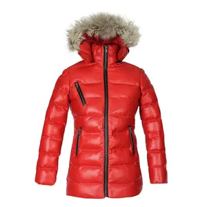 Womens Selina Puffer Leather Jacket with Fur Hoodie (Red)