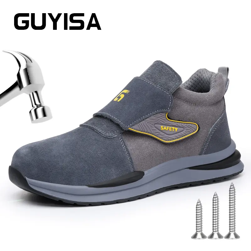GUYISA Men's Safety Work Shoes, Fabric Round Toe Sneakers with Velcro Closure, Steel Toe, Puncture-Proof, Heat & Spark-Resistant for Outdoors