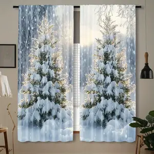 Pack of 2, Cedar Christmas Tree Printed Curtains - with Winter Scene Pattern, Christmas Theme Translucent Design, Suitable for Living Room Bedroom Study Balcony Holiday Decorative Curtains, Christmas Decorations, Merry Christmas Curtains.