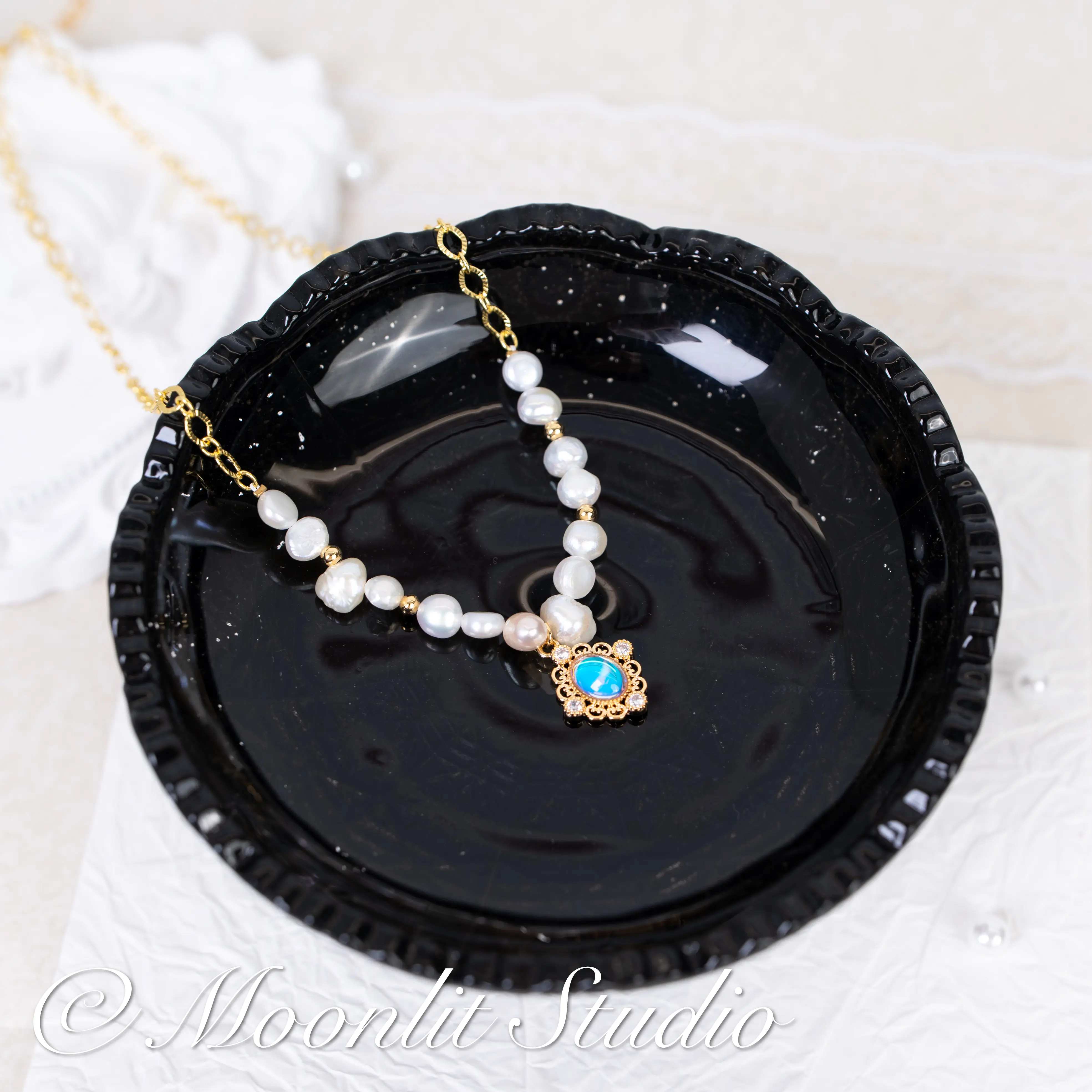 French Vintage Baroque Pearl Necklace with Blue Oval Pendant | Romantic Gold Plated Filigree Choker for Women | Retro Coquette Jewelry Gift