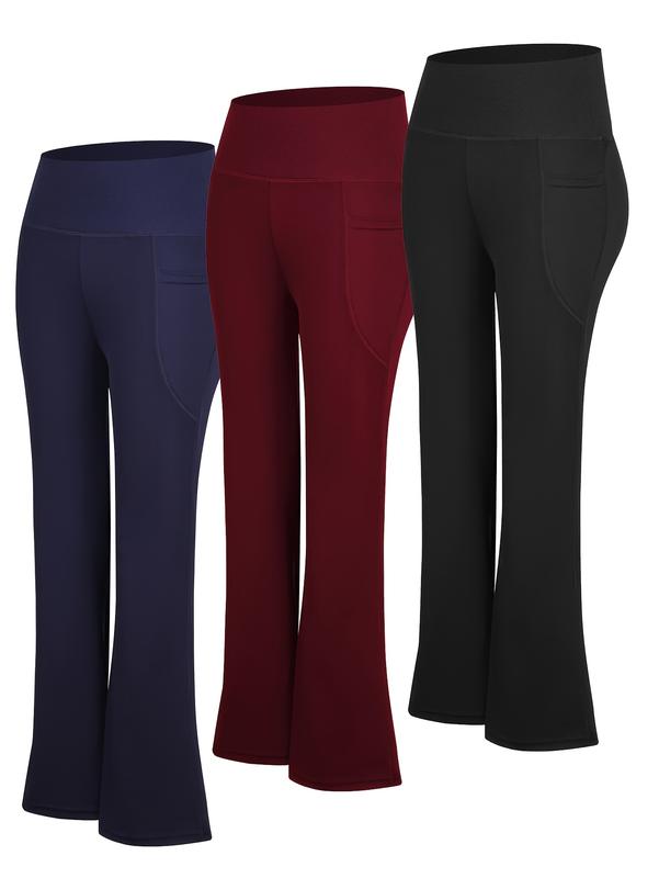 3pcs High Waisted Flare Pants with Side Pockets Tummy Control Stretch Workout Lounge Black Basic Fitted Minimalist Leggings Soft High-Elastic Gym Tights