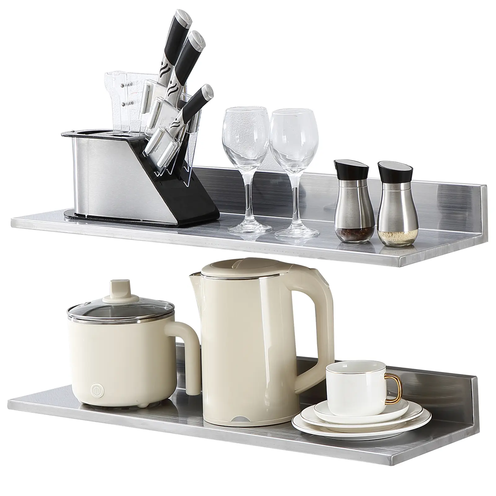 VEVOR Solid Stainless Steel Wall Mount Shelves - 8.6"x30" Heavy-Duty L-Shaped Floating Display Shelf, 44 lbs Load Capacity with Backsplash, Beverage Organizer for Kitchen,Garage (Father's Day Gift for Home Users)