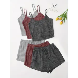 Dear 3 Sets Solid Pajama Set, Round Neck Cami Top & Lace-up Shorts, Women's Sleepwear & Loungewear