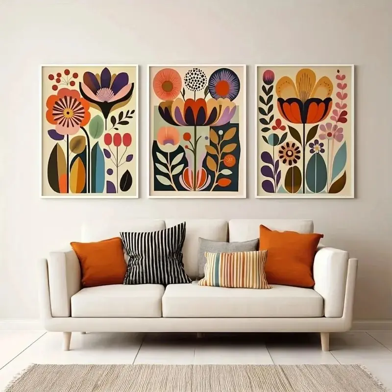 3pcs/set of Scandinavian Folk Art Floral Canvas Prints Boho Flower Print Bohemian Plant Wall Art Posters Artwork for Modern Living Rooms Nordic Home Decor Decoration Items frameless