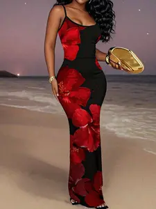 Summer Slim Fit Women's Elegant Floral Print Dress, Sleeveless Halter Neck, High Waist Bodycon Long Dress, Fall Fashion Tksp087