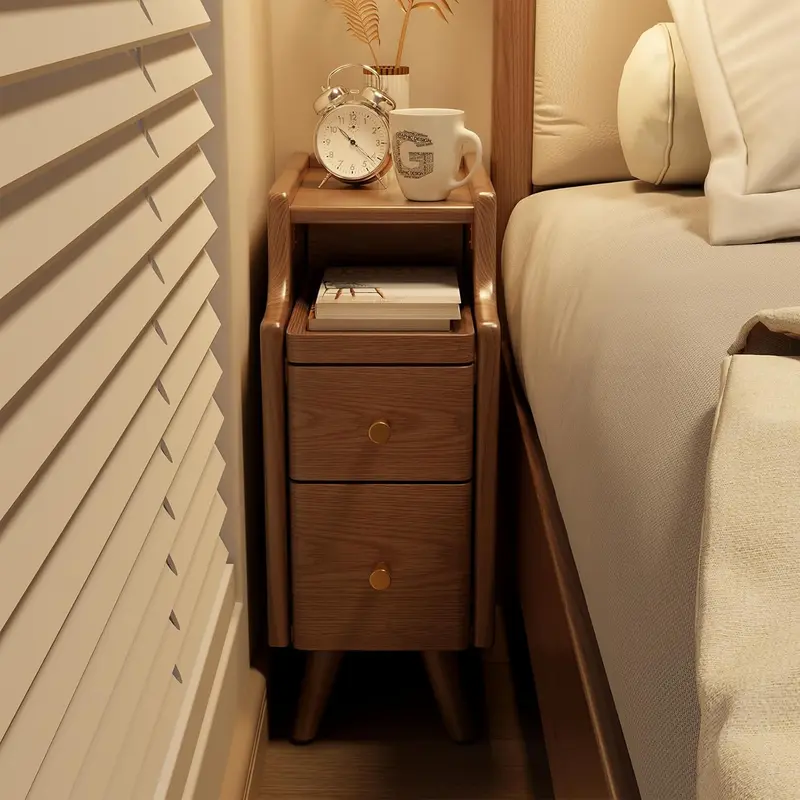 Small Solid Wood Nightstand - Walnut, Space-Saving Design