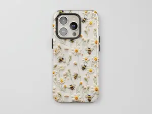 Floral Bee Phone Case: Faux Embroidery Daisies, Cute Spring Gift for Bee Love For IPhone 17 16 15 14 13 12 11 X & Samsung S25 S24 S23 S22