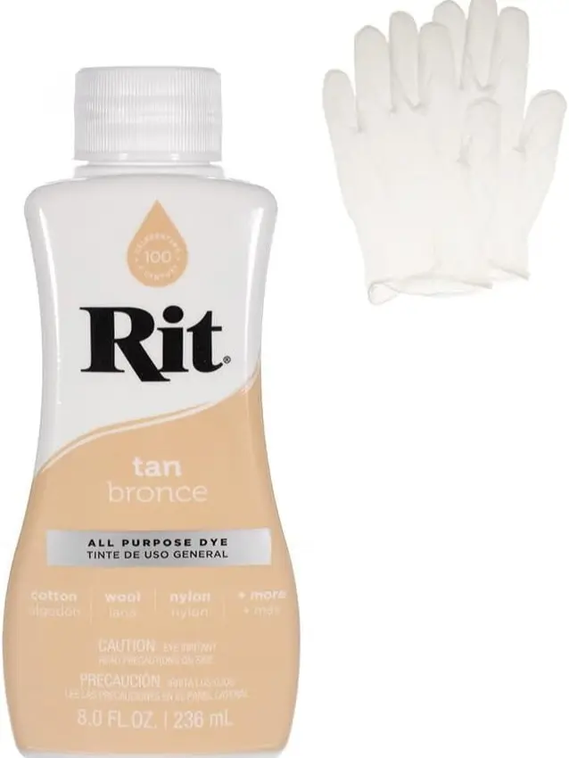 Rit Tan 8 oz Liquid Fabric Dye for Clothing Décor & Crafts with Pair of Medium Latex-Free Vinyl Gloves