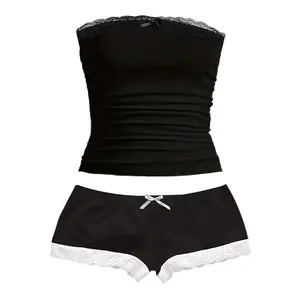 Ladies Contrast Lace Camisole And Shorts 2 Pieces Outfit