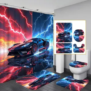 1PC/4PCS 2D flat Lightning Sports Car Multicolor patterned shower curtain with a modern and personalized design for home bathroom decor, shower curtain set includes 12 hooks, non-slip bath mat, U-shaped non-slip mat, toilet seat cover.