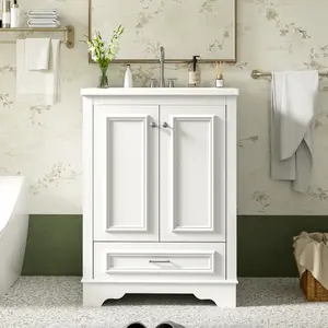 24'' Bathroom Vanity with Ceramic Sink Combo, Modern Freestanding Storage Cabinet  with Silver Handles,  Soft Closing Doors