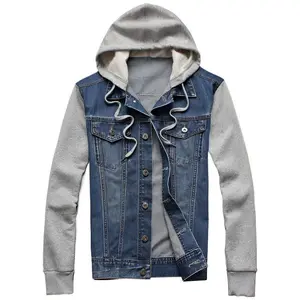 Men’s Vintage-Style Hooded Denim Jacket – Casual slim fit with pockets, gray hood and blue jeans design, soft stretch fabric, loose fit for casual wear