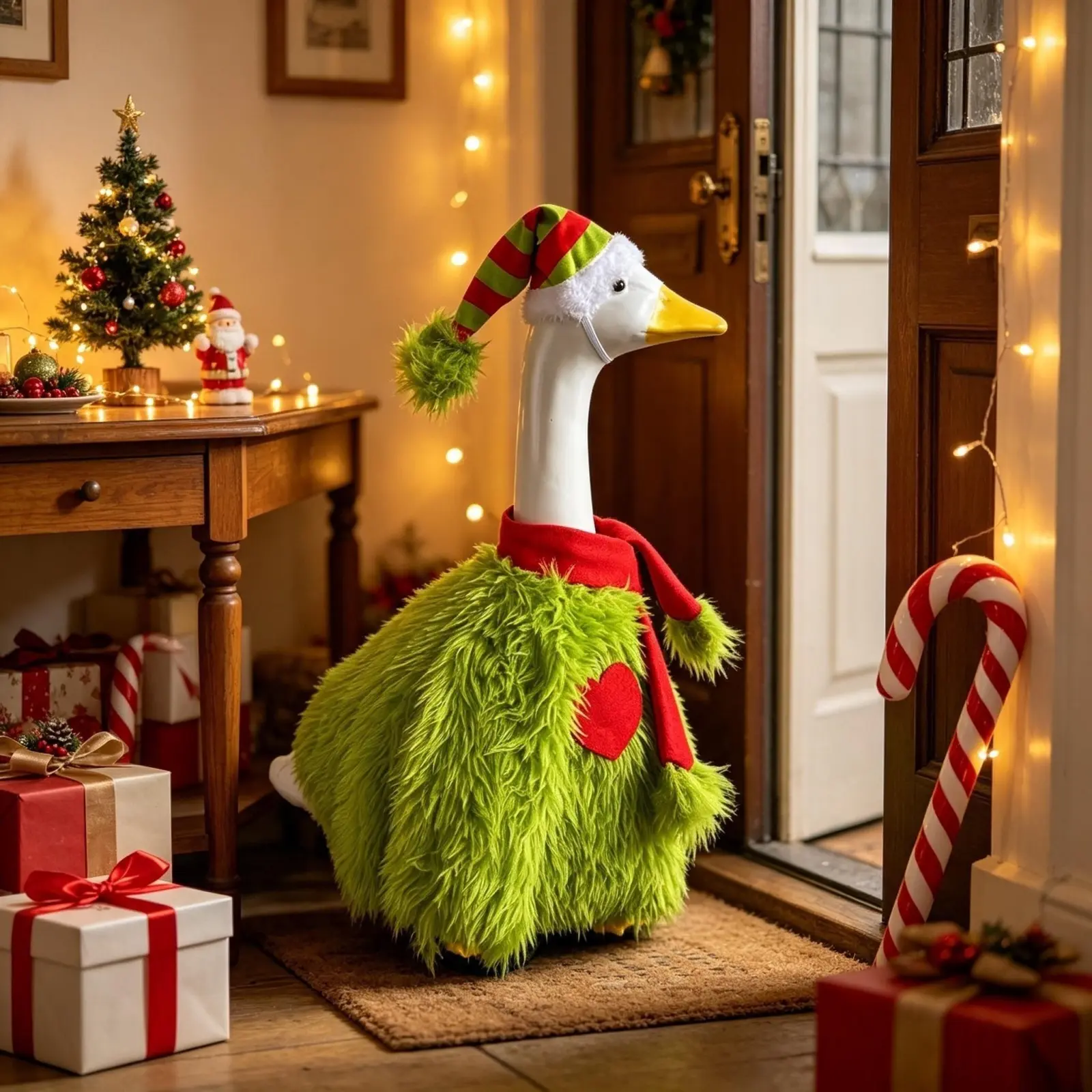 Fluffy Green Furry Duck Figurine Decorations Set - Red Xmas Clothes with Snowflake Embroidery, Reindeer Tree Print Pom Pom Santa Hat, Red Plush Scarf, Heart Chest Decor - Single Set Festive Home Decoration Holiday Party Decor Freestanding Garden Prop, Chr