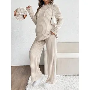 2pcs/Set Maternity Casual Solid Color Ribbed Dropped Shoulder Loose Drawstring Hoodie Long Sleeve Sweatshirt And Wide Leg Pants Set, Pants Set, Spring/Autumn Women's Lounge Tracksuit Set Blue Causal Tracksuits Set