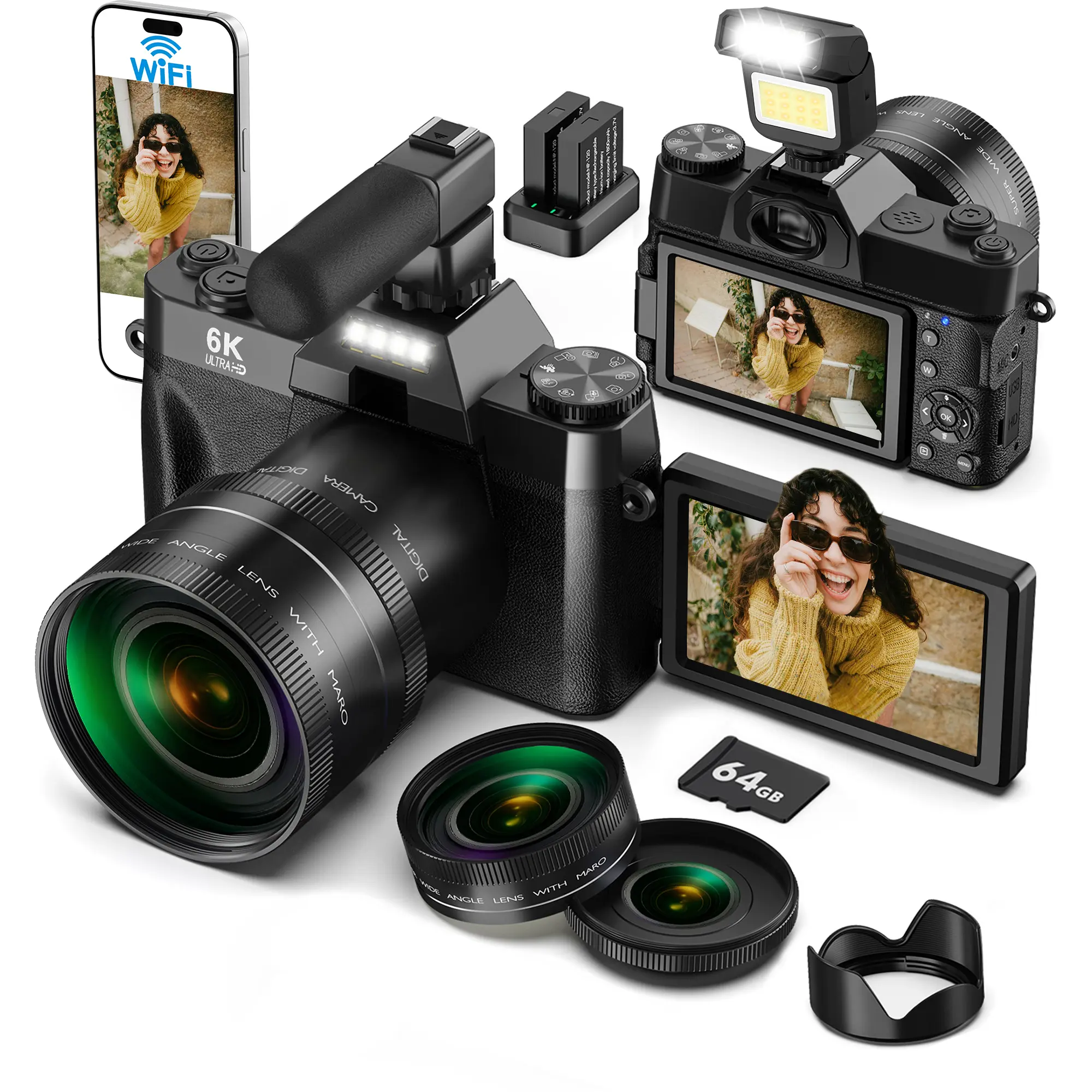 Yatao 6K WiFi Flip Screen Digital Camera, Mic & Fill Light for Photography