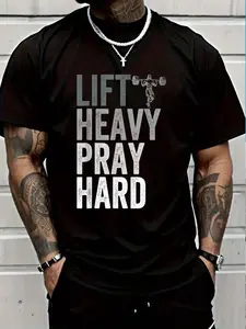 Oversized "Lift Heavy Pray Hard" Gym Shirt for Men - Lightweight Comfortable Athletic Tee for Workout, Gym Motivation & Everyday Wear - Distressed Print Black Fitness Apparel for Christian Lifters
