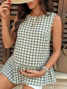 PARARA Maternity Casual Plaid Round Neck Sleeveless Shirt For Summer Picnic Dresses For Women Women Casual Dresses Women's Summer Dresses Gingham Dress For Women
