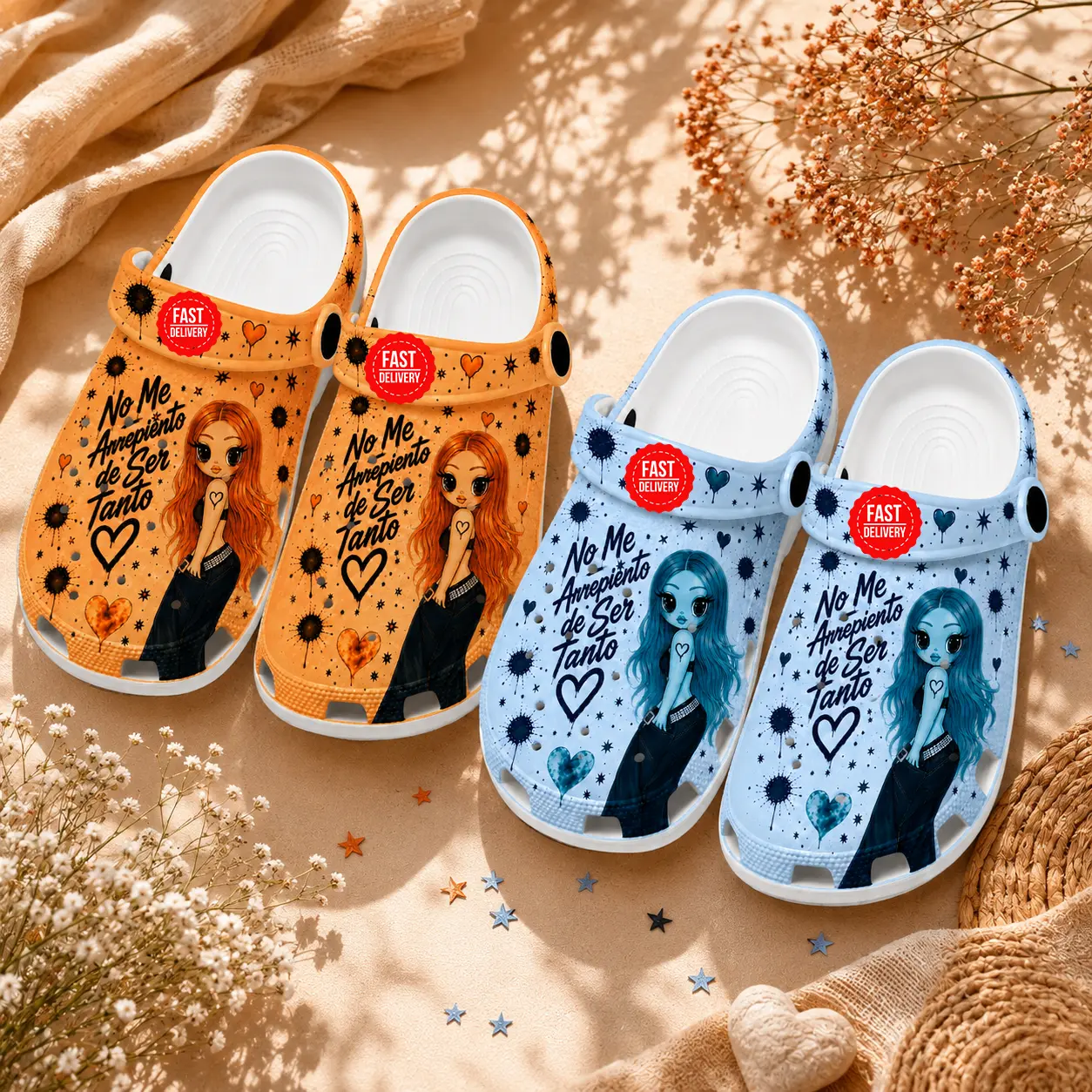 [ No Box] No Me Arrepiento de Sentir Tanto Inspired Clogs, Blue Aesthetic Cartoon Girl Slip On Shoes, Cute Music Fan Gift