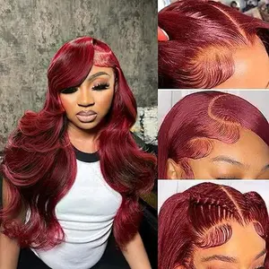99J Burgundy Lace Front Wigs Human Hair 13x6 HD Transparent Body Wave Lace Front Wigs Pre Plucked 99j Burgundy Red Wine Glueless Human Hair Wigs for Women Reddish Brown 180% Density 30 Inch