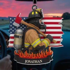 Personalized Firefighter Patriotic Acrylic Keychain, Custom Name Fireman USA Flag Keychain, Firefighter Axe Gear Keepsake, First Responder Gift, Fire Department Appreciation Gift