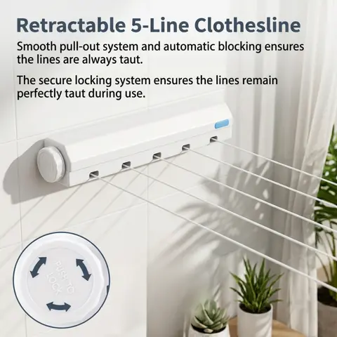 Retractable 5-Line Clothesline, Wall-Mounted Heavy-Duty Retractable Laundry Line with Automatic Locking System, Space-Saving Indoor/Outdoor Clothes Drying Line for Balcony, Bathroom & Laundry Room, Wall Mounted Clotheslines