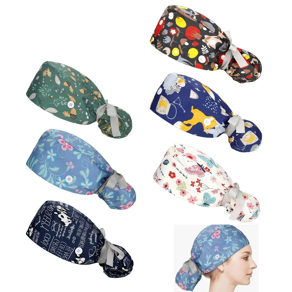 Women's Adjustable Workwear Headwear - 6 Pcs Cotton Scrub Caps with Ponytail Holder, Buttons, Ribbon Tie, Sweatband, Beanie Design for Long Hair & Beautiful Patterns