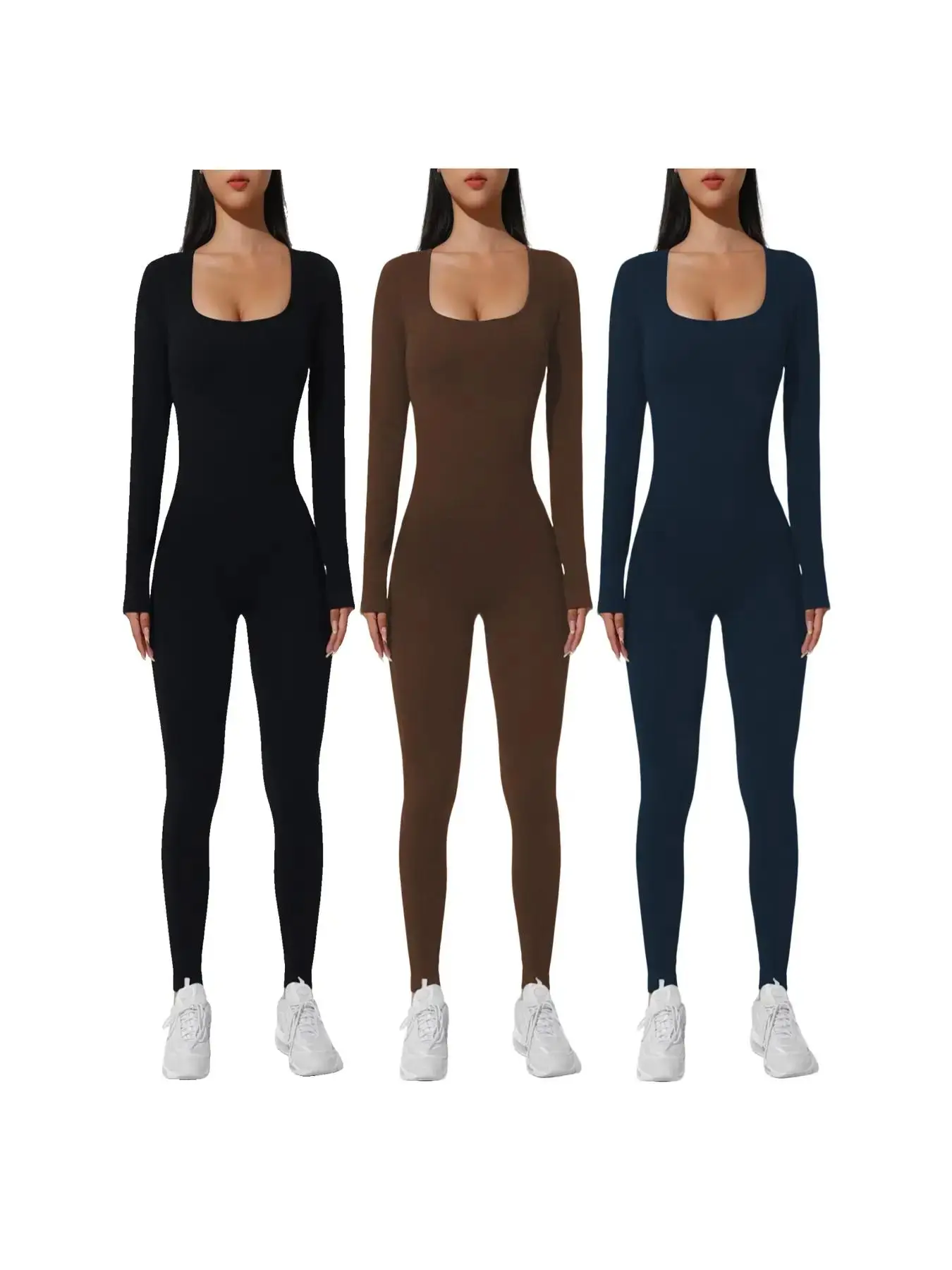 Plain Square Neck Sports Jumpsuit for Women, Sporty Body Jumpsuits, Long Sleeve Skinny Jumpsuit for Spring & Fall, Summer Sportswear, Ladies Clothes f