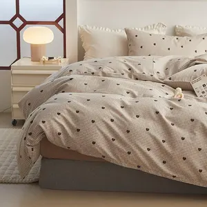 Queen Size 3 Piece Duvet Cover, Khaki & Brown Heart Checked Reversible Love Grid Bedding, 100% Microfiber Girls Gingham Duvet Cover with Zip + 2 Pillowcases (No Comforter)