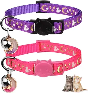 2PCS Glow-in-the-Dark Cat Collars – Breakaway Safety, Adjustable, Bell & Pendant (Purple & Pink)