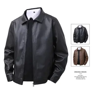 Men's Regular Fit Solid Color PU Leather Jacket, Business Casual Everyday Wear Suitable for Spring and Autumn, Casual Long Sleeve Lapel Coat, Stylish Men's Daily Apparel 586