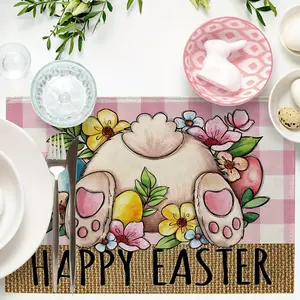 Happy Easter Bunny Placemats Cute Rabbit Eggs Flowers Pink Plaid Check Farmhouse Vintage Kitchen Decor Home Decoration 12 x 18 Inch Dining Table Place Mats Coasters Tableware