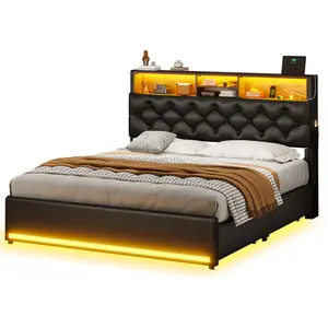 PU Leather Upholstered Bed Frame with LED Lights Black