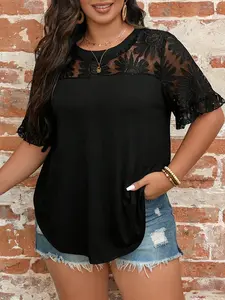 Plus Size Women's Lace Trim T-Shirt, Loose Fit Conceals Belly, Short Sleeve Top, Comfortable and Stylish Casual Wear, Womenswear