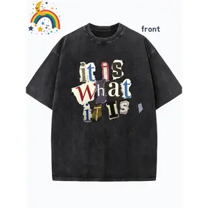 Graffiti Splicing Letters "IT IS WHAT IT IS" Printed Summer Teenage Men's Loose Fit Short Sleeved Washed Vintage 230g Pure Cotton Comfortable Breathable Casual Street Round Neck T-shirt