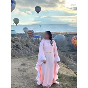 Meera Abaya with Double Pleated Sleeves and Stone Belt - Peach Pink