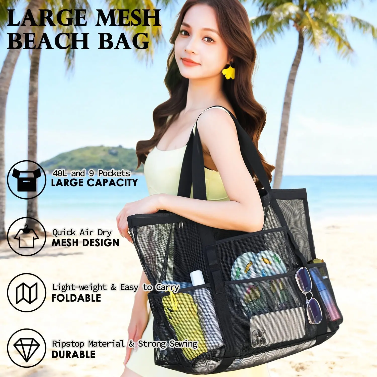 Mesh Beach Bag, Large Beach Tote with Zipper Pocket, Toys Pool Bag for Family Travel Vacation Cruise Essentials Mesh Beach Bag, Large Beach Tote with Zipper Pocket, Toys Pool Bag for Family Travel Vacation Cruise Essentials