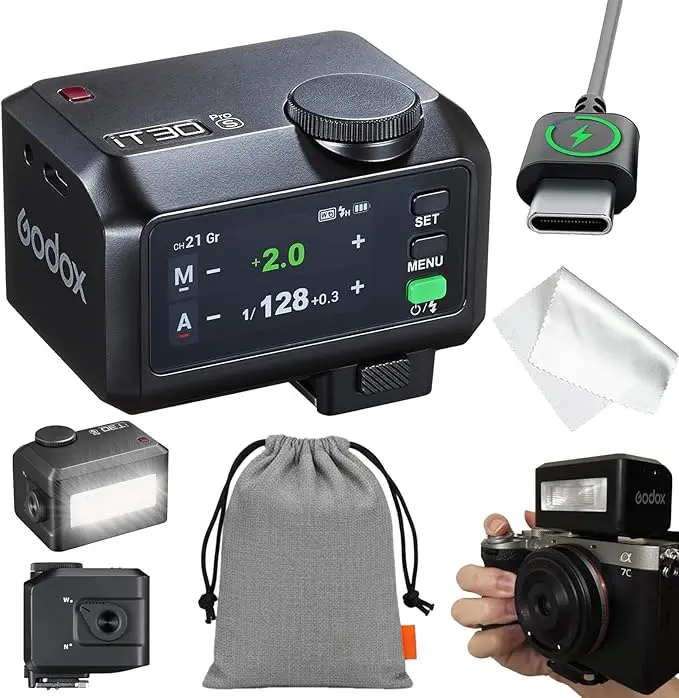 Godox iT30pro TTL Mini Flash & Trigger- GODOX Authorized Distributor iT30 Pro for Sony Canon Nikon Fuji Fujifilm Olympus Panasonic Leica - IT30 Pro TTL Flash, Wireless Master & Receiver, HSS 1/8000 Second, 2.4G Wireless