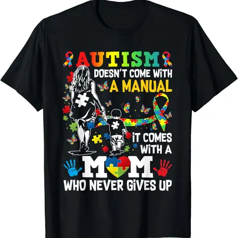 Women's 100% Cotton Short-Sleeve Graphic Tshirt - Fitted Cut Casual Top, Autism Mom Playful Whimsical Art Digital Print, Vintage & Street Vibe Awareness Tee (Multi-Size)