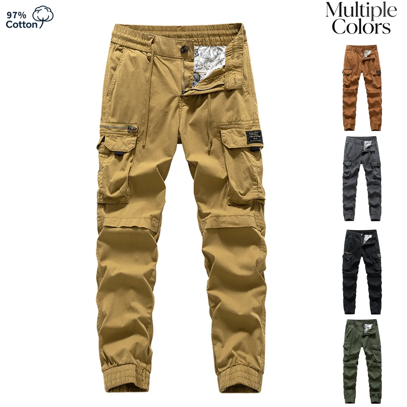 Men's solid-color cargo pants with 3D patch pockets and cuffed ankles, street-style casual long pants