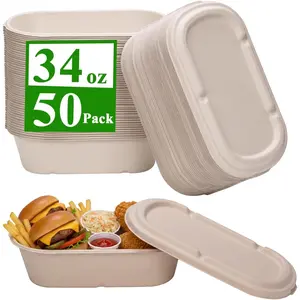 34 oz Disposable  Containers with  - [50 Pack, ] Sugarcane Pulp Take Out Containers, Compostable and Microwave Safe To-Go Lunch Box -  for Meal Prep, Salad