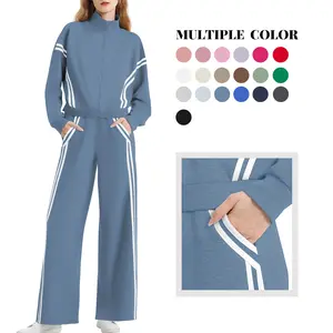 Women's 2 Piece Outfits Zip Up Sweatshirt Contrast Striped Wide Leg Sweatpants Suits Jogger Travel Matching Set Womenswear Long Sleeve Casual Clothes