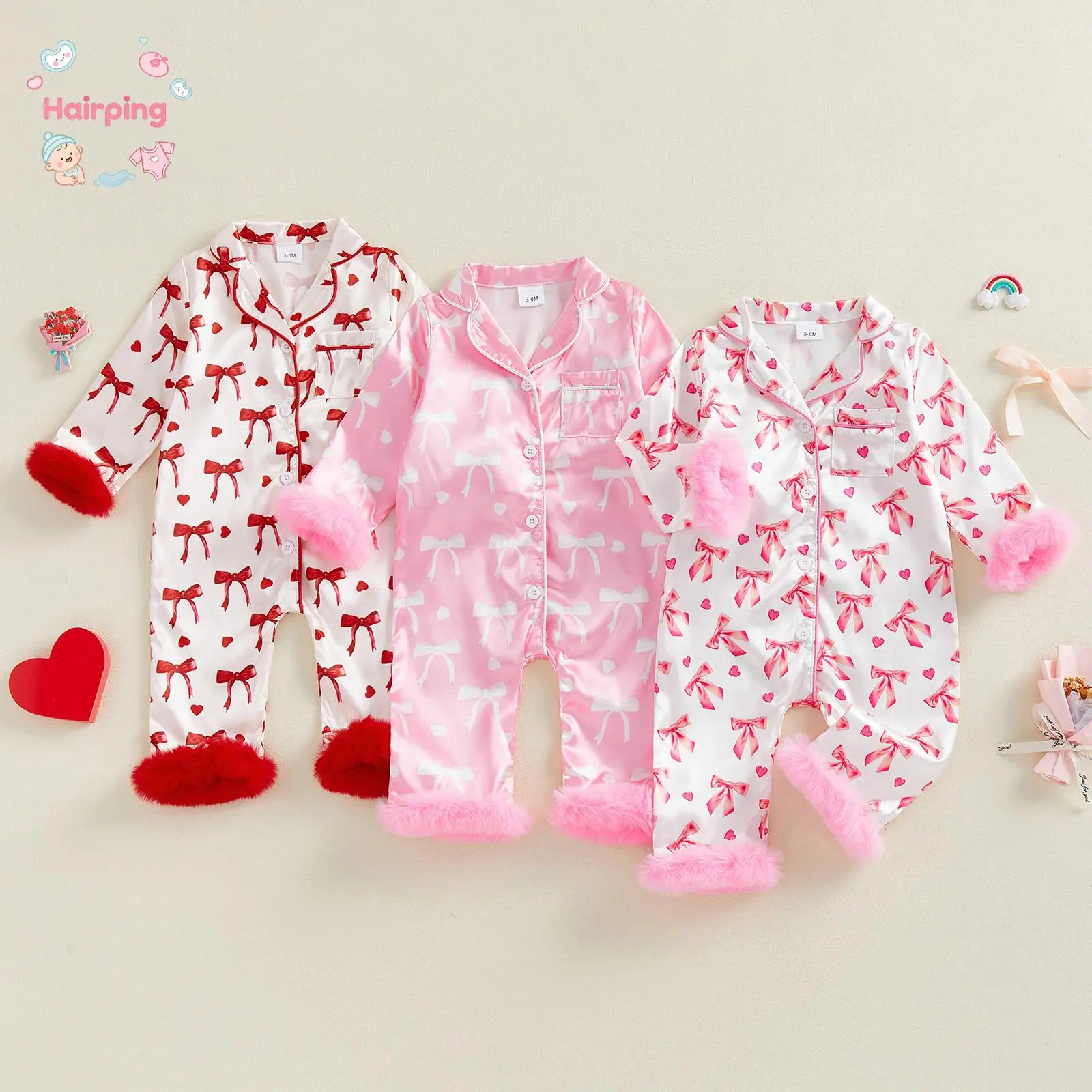 Baby Girl Valentines Pajamas, Bow Print Furry Trim Button Up Lapel V Neck Long Sleeve Infant Sleeper, Adorable Newborn Set, Soft Material & Breathable Fabric, Easy to Dress