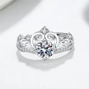 Women's Crown Moissanite CZ Ring - 5A Diamond Embellished Elegant Ring, Shiny Silver Heart-Shaped Promise Band, Ideal for 2 Special Occasions (Wedding, Milestones), Diamond Embellished Rings, Elegant Rings