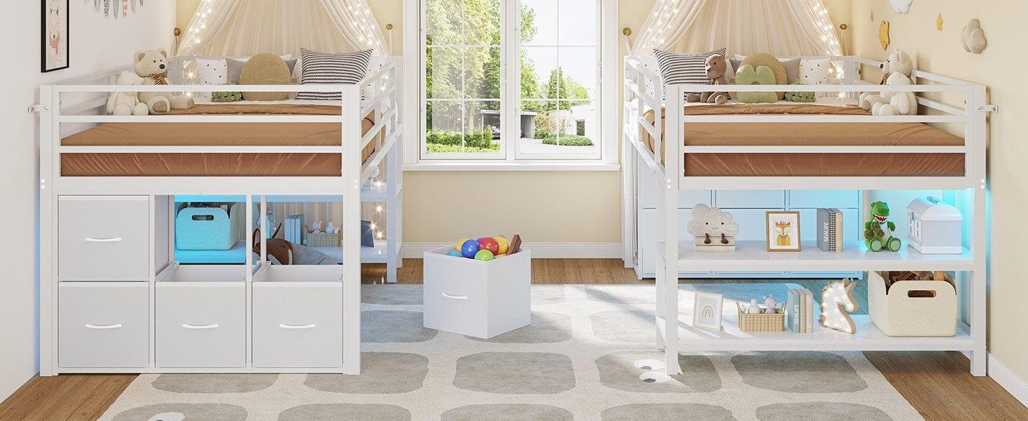 Sikaic Twin Size Low Loft Bed with 6 Storage Drawers and LED Lights Modern Kids Metal Loft Bed with 15H Stairs & Safety Guardrail and 2 Tier Storage Shelves