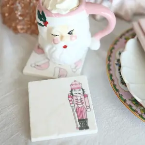 Pink Nutcracker in corner Marble Coaster Set of 4 for Pink Christmas Decor