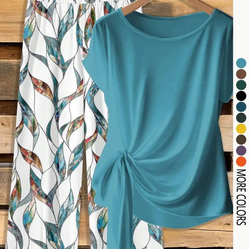 【Black Friday】Women's Casual Printed Knot Shirt & Loose Straight-Leg Pants Two-Piece Set, Lightweight Comfortable Outfit for Spring & Summer