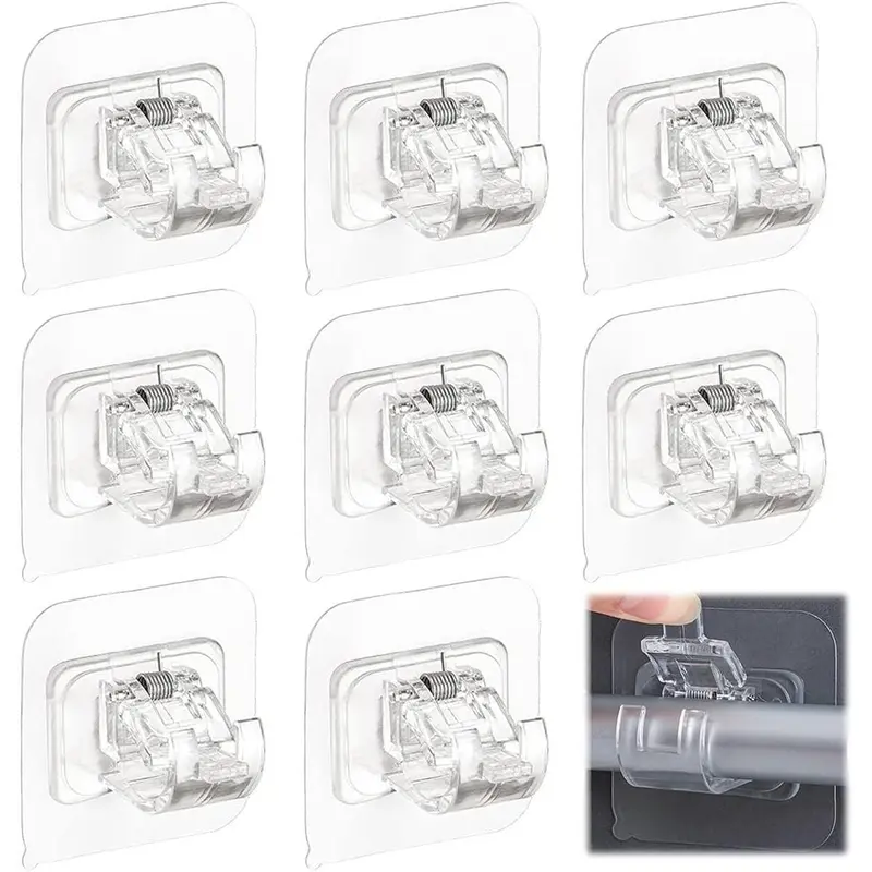 8-Pack Smooth Self-Adhesive No-Drilling Curtain Rod Brackets, Waterproof Plastic Abs+Steel-for-Strength Hangers with Ceramic Fixing Hooks, Sturdy 6x6cm Nail-Free Drapery Holders (11 lbs/5kg Load) for Home Bathroom Smooth-Wall Fit (Transparent)